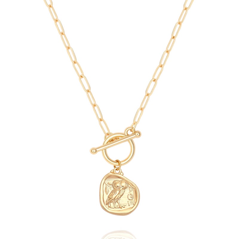 POTESSA 18k Gold Owl Coin Pendant Necklace for Women Paperclip Link Chain Toggle Jewelry Graduation Gifts for Her - Image 1